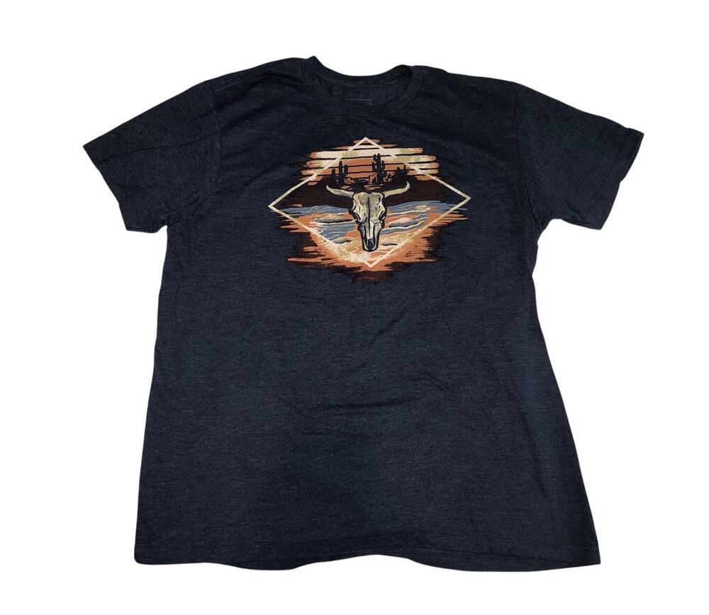 Southwest Design Graphic T-Shirt Size L Men Blue Desert Bull Skull Cactus Unisex